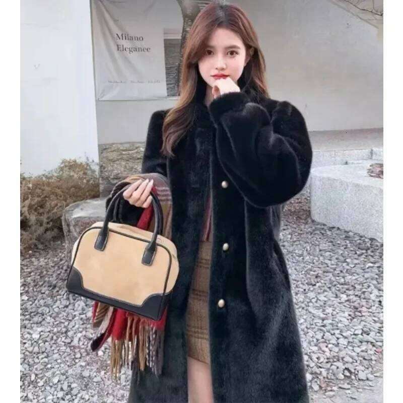Winter Imitation New Stand Collar Single Breasted Super Warm Thickened Medium Long One Fur Mink High-end Coat