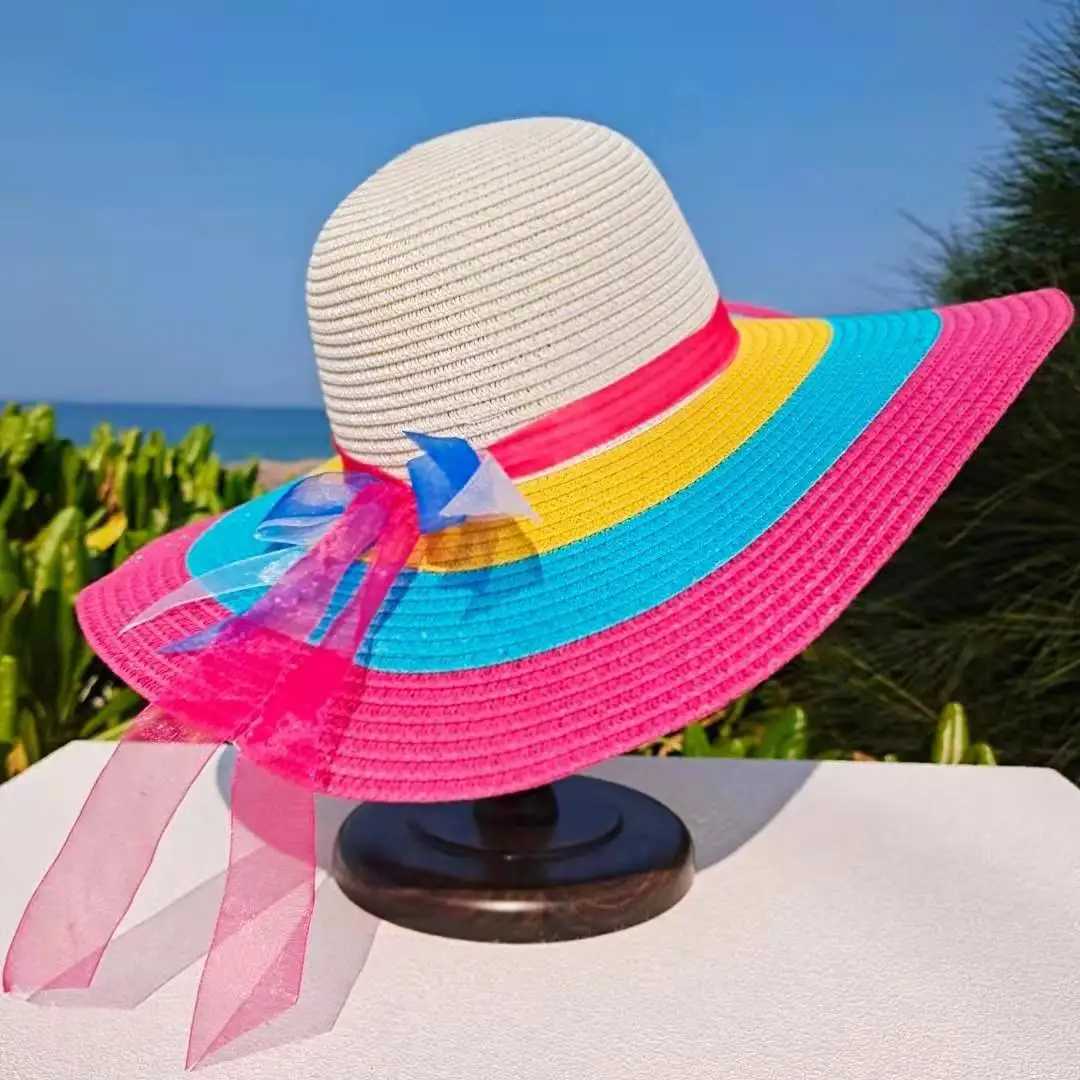 Rainbow Hat Womens Colorful Big Brim Straw Hat Summer Sunscreen Sunshade Hat Tourism Sun Hat Beach Hat Wholesale W250602