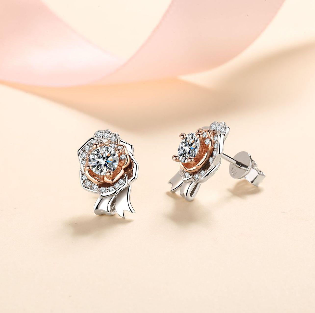S925 Silver Rose Earrings with Moissanite Stone, Elegant Cold Style Jewelry, Perfect for Daily Wear, Simulated Diamond, Chic Design, Wholesale Availab