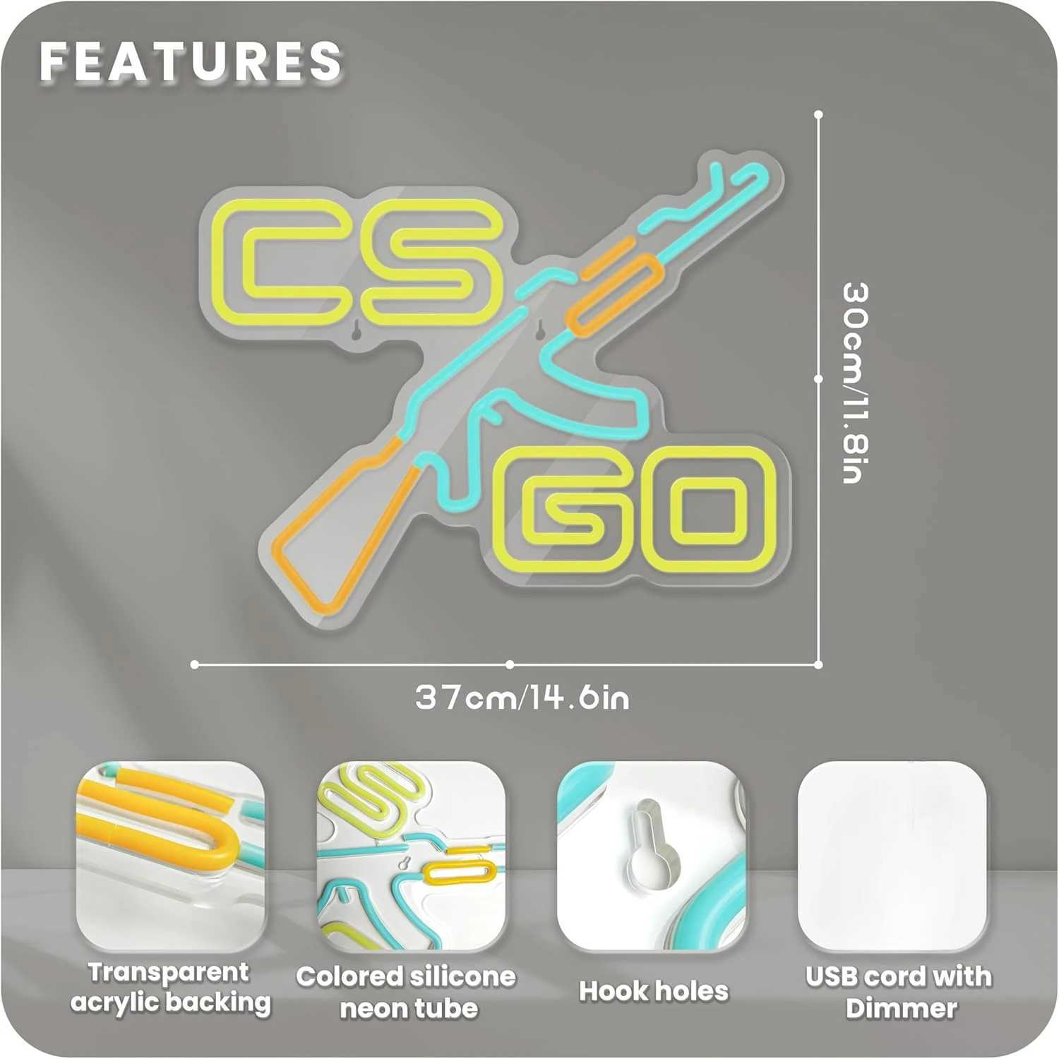 CS Game Gun Neon Sign for Game Room Bedroom Bar Man Cave Wall Decor USB Dimmable Game Neon Lights Birthday Christmas Gifts XJ250602