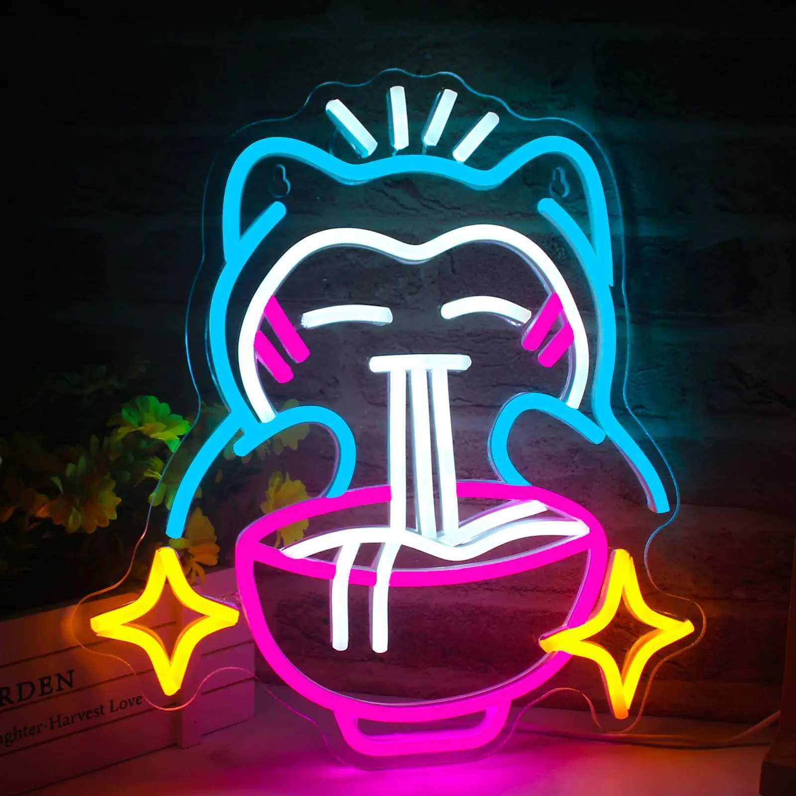 Ramen Neon Sign for Wall Decor Lucky Cat Noodles LED Lights Home Party Noodles Food Store Room Decoration Item Art LampXJ250602