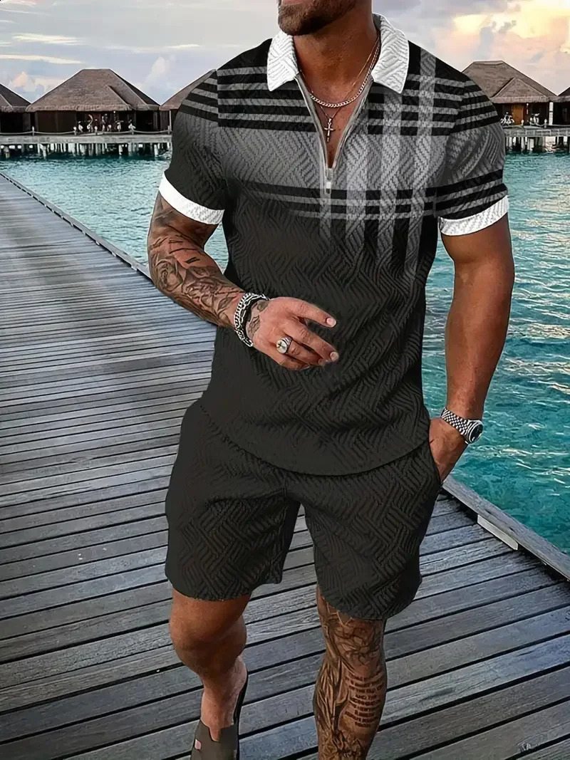 Zipper POLO Shirt Shorts Set Summer Fashion Casual Mens Sports 3D Printed Simple Style Lapel 2 Sets 250530
