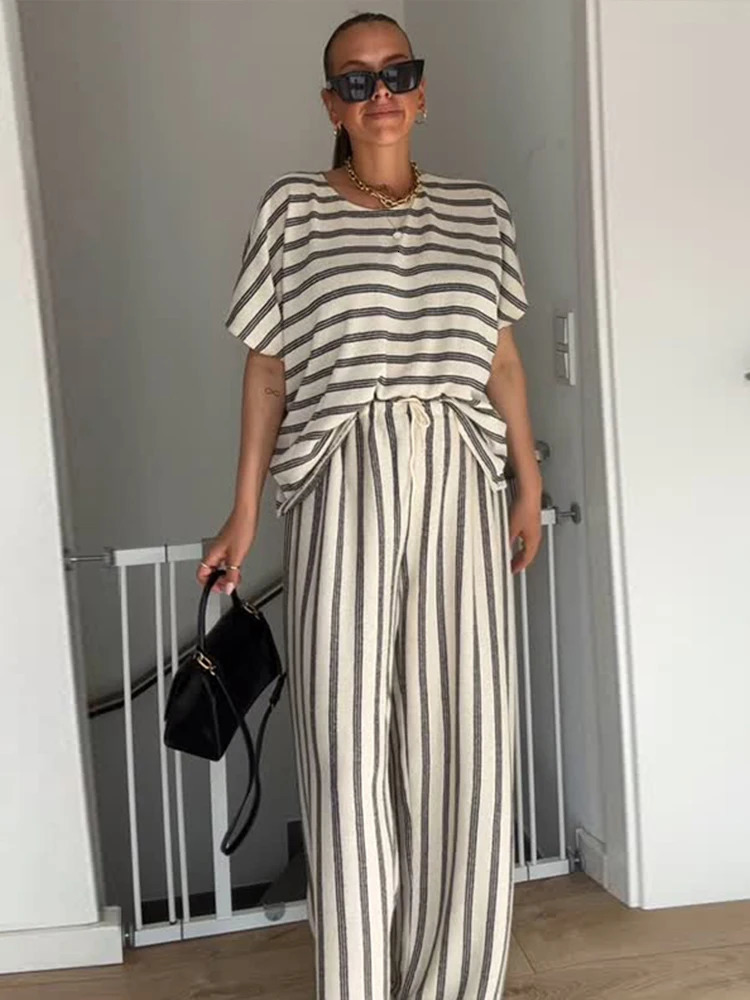 Casual Striped Pants Sets Women 2 Pieces O-neck Short Sleeve Jumper Drawstring Trousers Suits Summer Lady Loose Outfits 250603