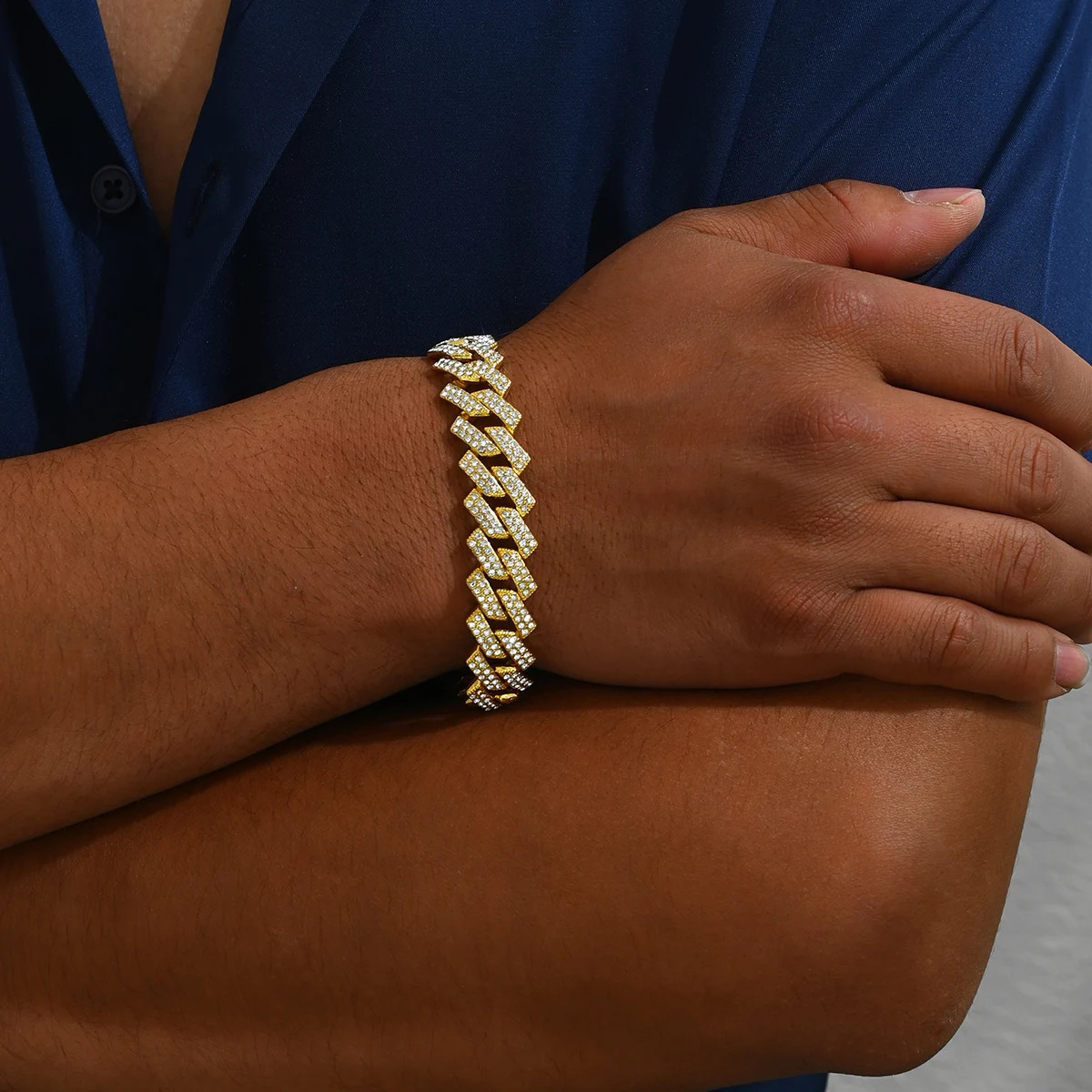 Hip Hop Cuban Bracelet For Men Full Shiny Crystal Stone Wide Gold Color Brcelet Box Clasp Fashion Statement Jewelry 250530