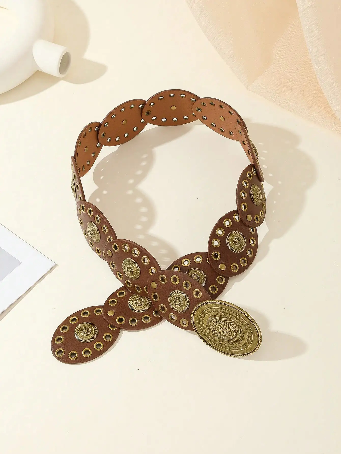 1Pcs Ladies retro oval pancake patchwork belt Bohemian style Carved style Western cowboy style Dress accessories 250603