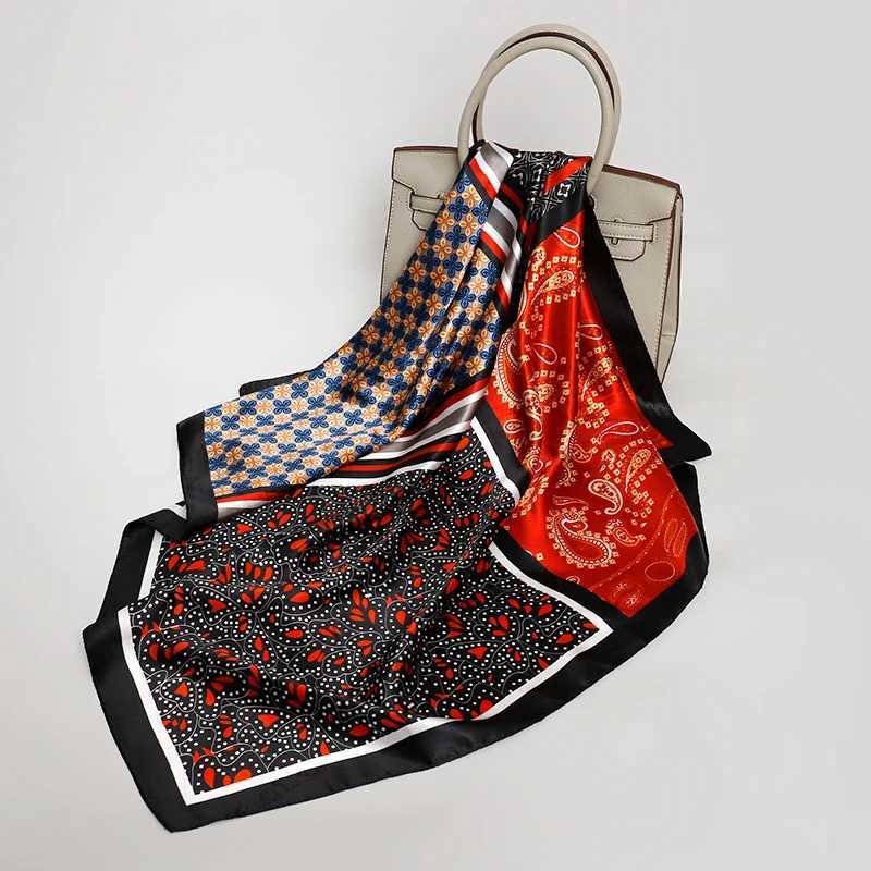 Luxury 2025 Plaid Print Square Silk Scarf for Women Hijab Hair Bands 90cm Neckerchief Female Satin Shawl Ribbon Headband W250602