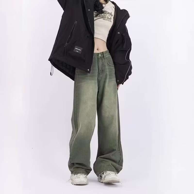 American Style Green Jeans For Women, Autumn Winter Vibe, Straight High Waist, Slimming, Loose Wide Leg, Floor-Length Pants, Trendy B5