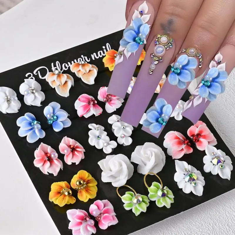 30Pcs 3D Handmade Acrylic Carved Flower Nail Art Charms Pearl Rhinestone Sculpted Floral Jewelry Cherry Blossom Nail Supplies 250528