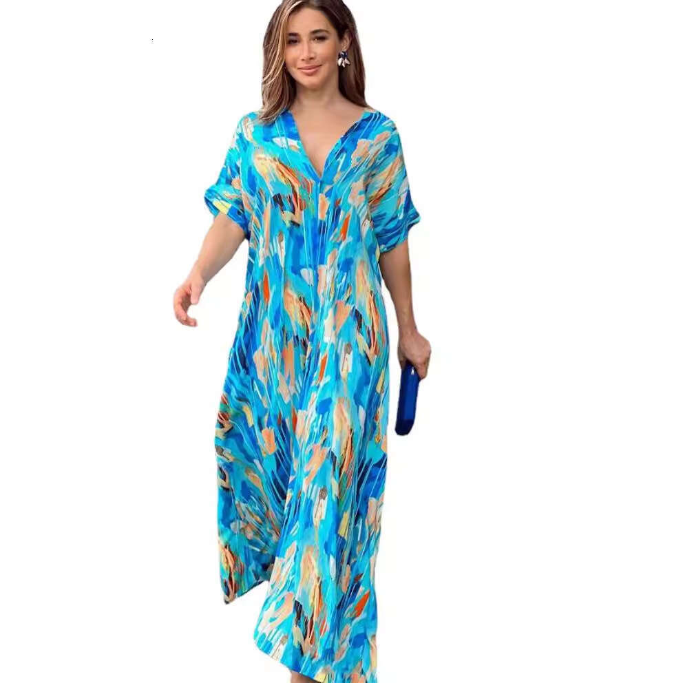 Summer New High-Waisted Fashion Printed Commuter Elegant Short-Sleeve Long Dress For Women B5