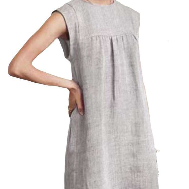 Fashion New Summer Loose Women's Casual Cotton Linen Solid Color Dress B5 b9