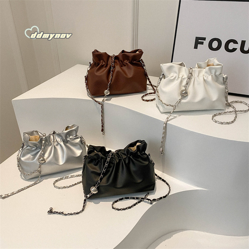 Trendy Women's Bags 2024 Spring Summer New Pleated Bucket Unique Drawstring Chain Shoulder Crossbody Bag ddmynov