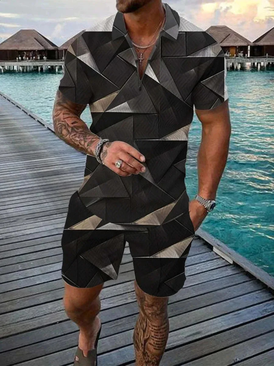 Abstract Pattern 3D Print Polo shirts 2pcs Set Zipper Lapel Sets CollarShorts Hawaii Holiday Style Man Clothes 250530