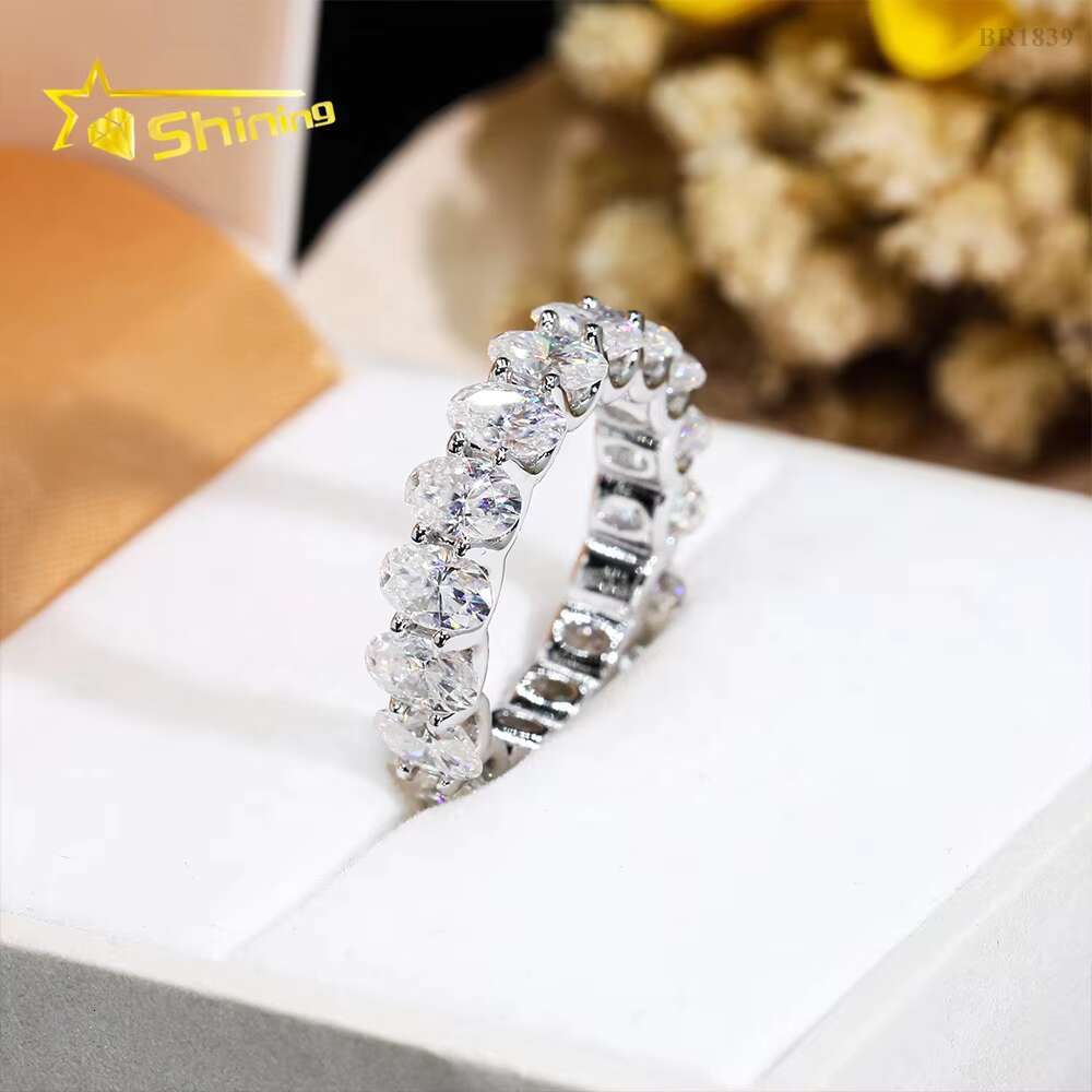 Elegant 925 Silver Gold Plated Women Jewelry Fully Iced Out Classic Oval Cut Eternity Moissanite Diamond Band Ring