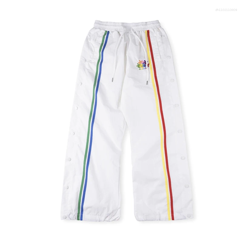 Men's Pants High Street Double-breasted Striped Casual Drawstring Cargo For Men Embroidery Straight Loose Baggy Trousers