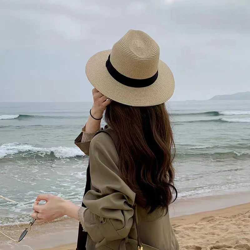 Large Size 56-58 59-60cm New Natural Panama Straw Hat Summer Men Women Wide Brim Beach UV Protection Fedora Sun Hat Wholesale W250602