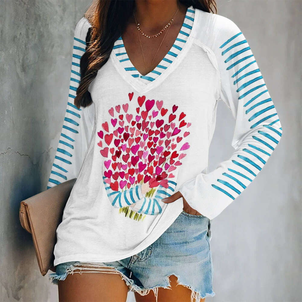 25 Year Valentine's Day Hot Spring Digital Print V-neck Long Sleeve Loose Women's T-shirt Wholesale New Casual Versatile Fashion Clothing
