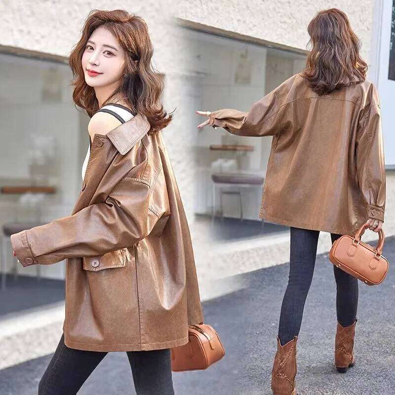 Early Spring New Korean Style Fashion Mid-Length Women's Coat Female Loose Pure Color All-Matching Leather Jacket 2025