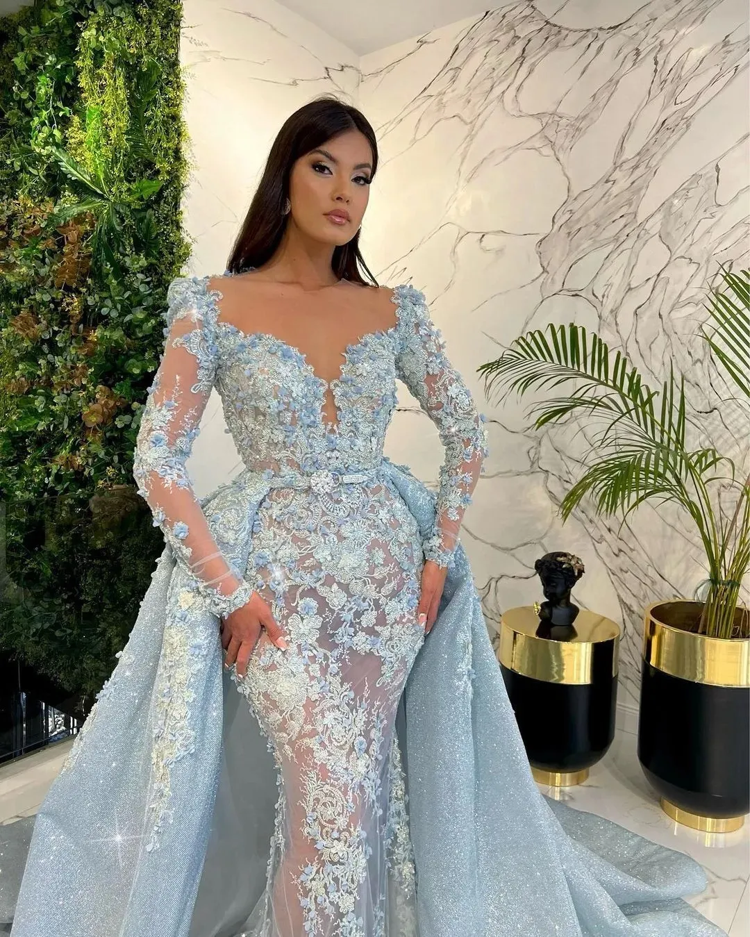 Elegant V Neck Lace Mermaid Evening Dresses Elegant Floral Appliques Prom Dress Long Sleeve Party Gown Customized