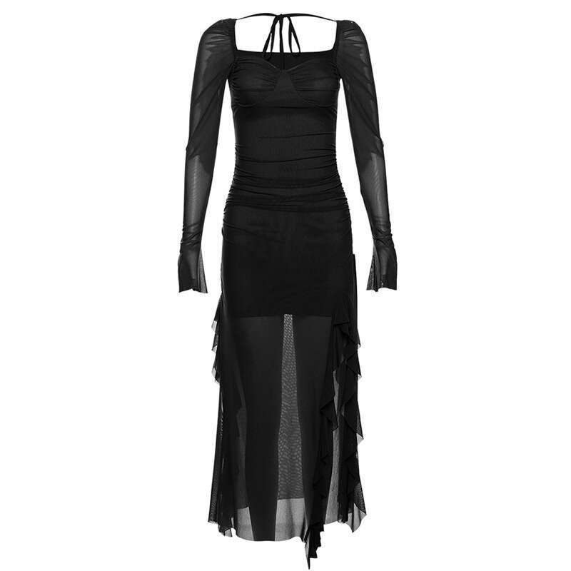 Autumn Winter New Women's Mesh Ruffle Niche Design Long Sleeve Square Neck Dress B5