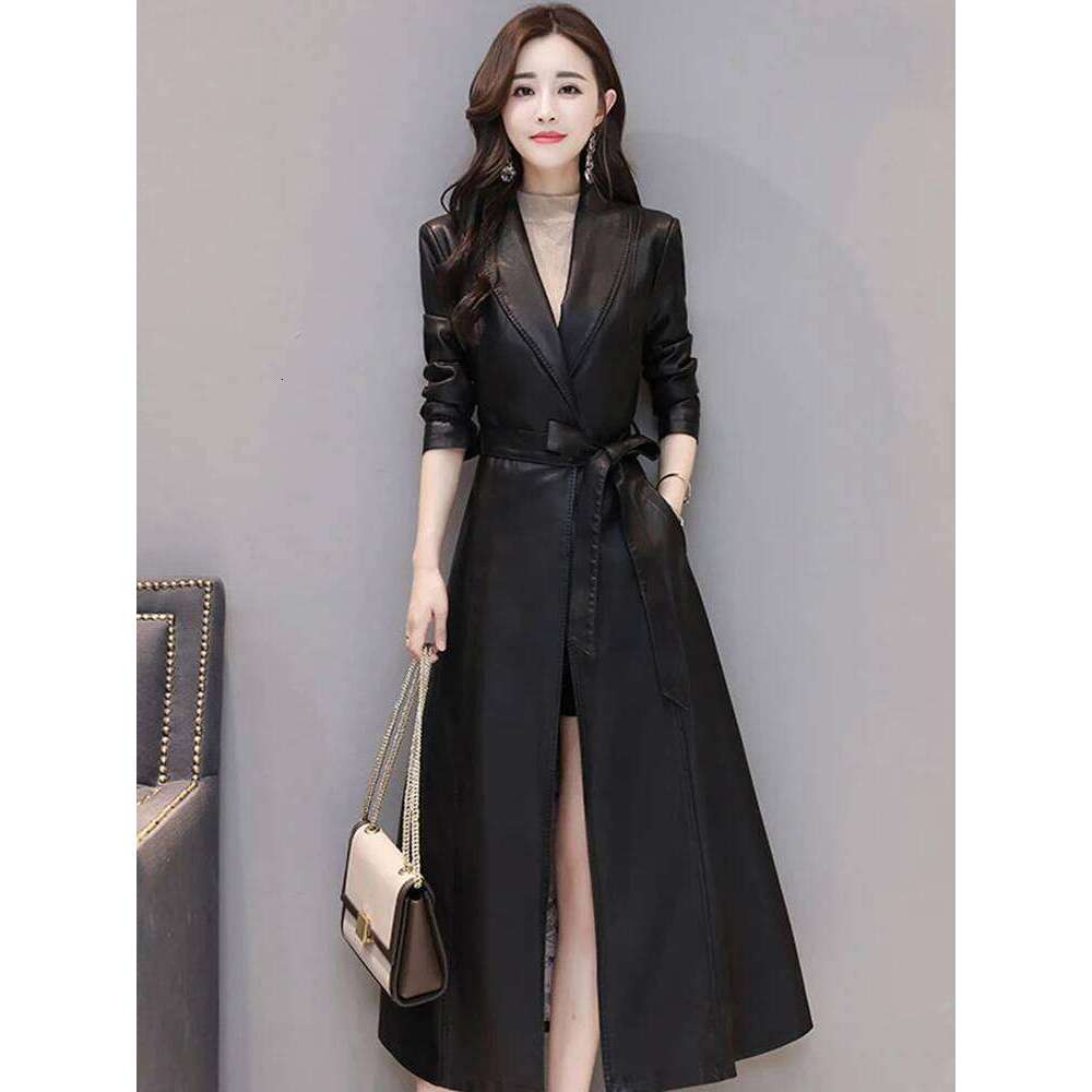 Sheepskin Long Trench Coats 2024 New Single-breasted Belt Pockets Chic Ladies Vintage Coffee Real Leather Jacket Outwear