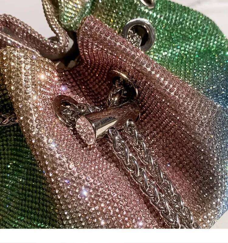 Gradient Color Women Handbag Glitter Shiny Rhinestones Dia Evening Wedding Party Clutch Purse Shoulder Crossbody Bag
