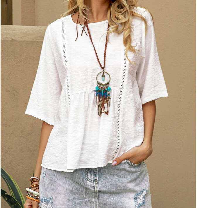 Spring Summer Temu Lace Hollow Out Women's Cotton Linen Casual Solid Color Mid-Sleeve Shirt B5 b6