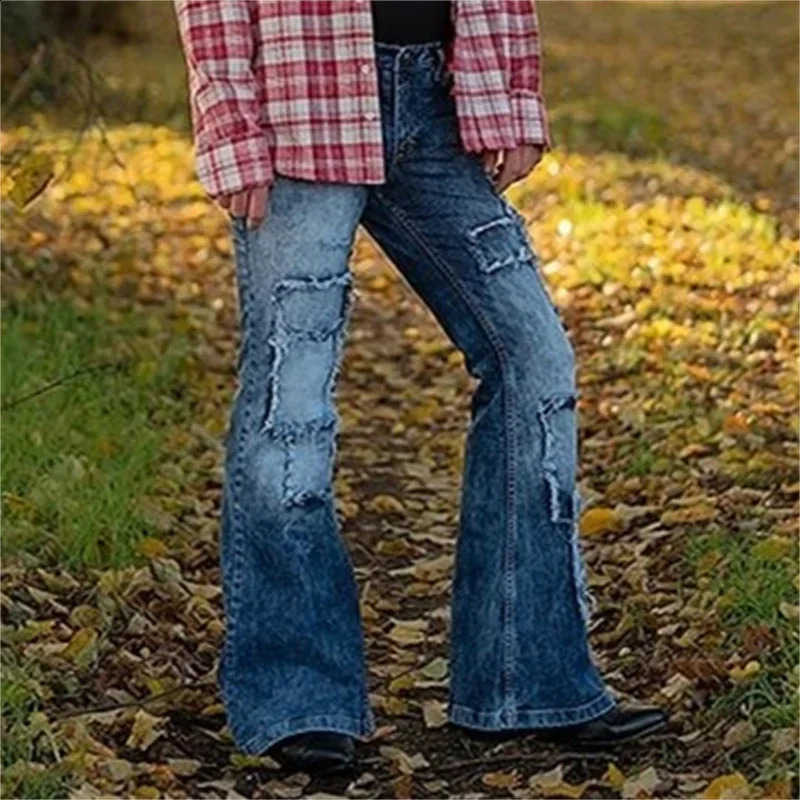 Vintage Patch Stretch American Style Flared Jeans Mens Streetwear Button Splicing Pocket Male Youth Daily Casual Denim Pants 23 250530
