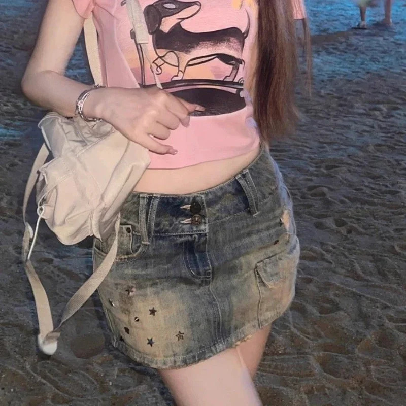 Deeptown Vintage Y2k Denim Skirt Women Sexy Harajuku Star Streetwear Mini Skirts A-line Retro Fashion Slim Up Casual Jeans Skirt 250603