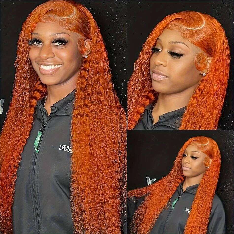 200 Density Ginger Orange Curly 13x4 HD Frontal Human Remy Hair Colored Transparent Deep Wave 13x6 Lace Front Wig For Women