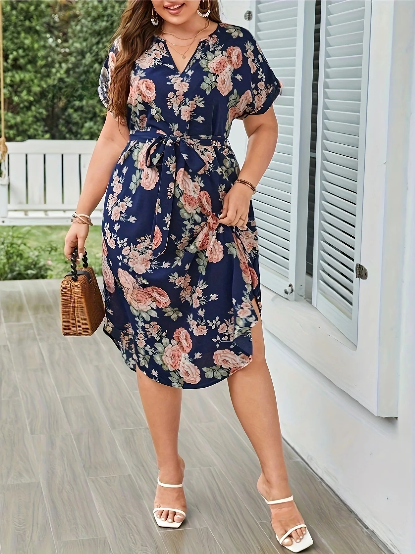 Plus Size Summer Women Elegant Dress Vacation Vintage Floral Print Casual V Neck Lace Up Dresses 250526