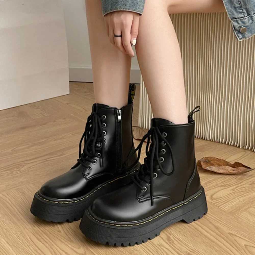 Women Boots Motorcycle Shoes Woman Leather Chelsea Ladies Classic Punk Female Goth Shoes High Platform Boots Women Botas Mujer XJ250602