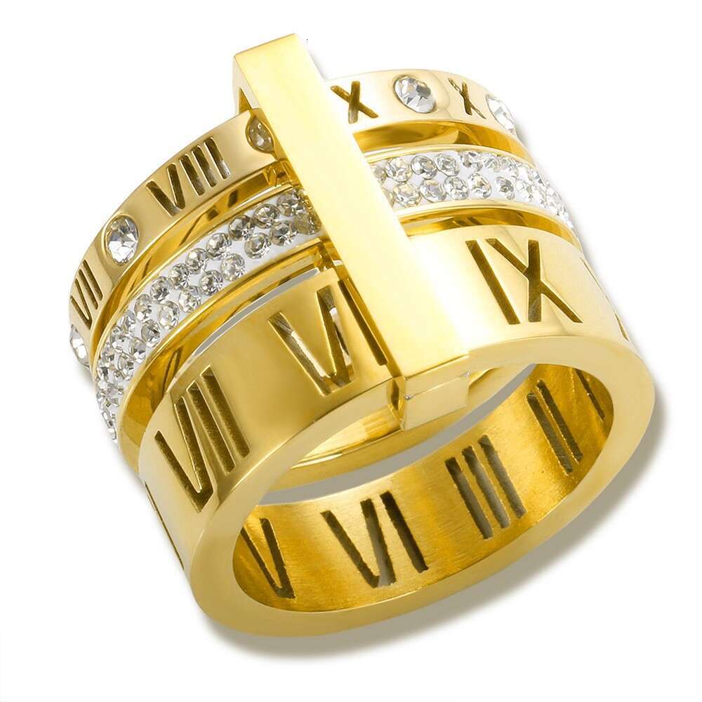 Trendy Personality Stainless Multi-Ring Stacking Gold-Plated Roman Numerals Inlaid Diamond Ring Titanium Steel Jewelry