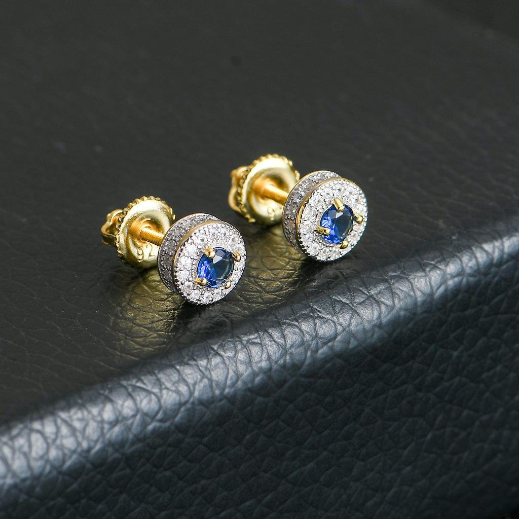 S925 Yintong body pure silver ear nail round micro inlaid blue and red male and female Earrings hip hop Earrings Mozambique earrings