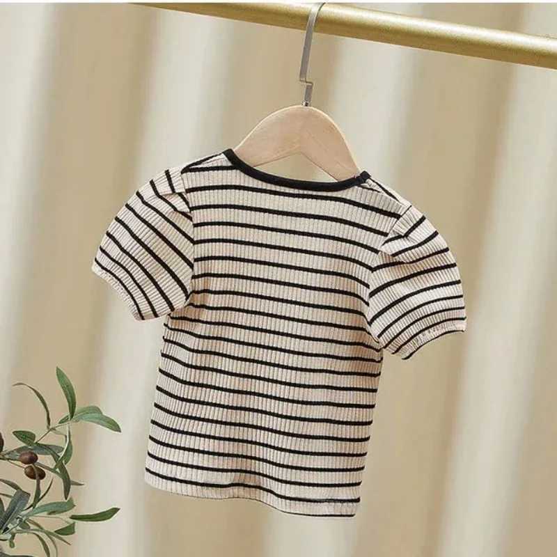 Baby Girls Short Sleeved T-Shirt 2024 Summer Kids Top Tees Toddler Striped Printed Shirts Childrens Clothes Korean Style T250603