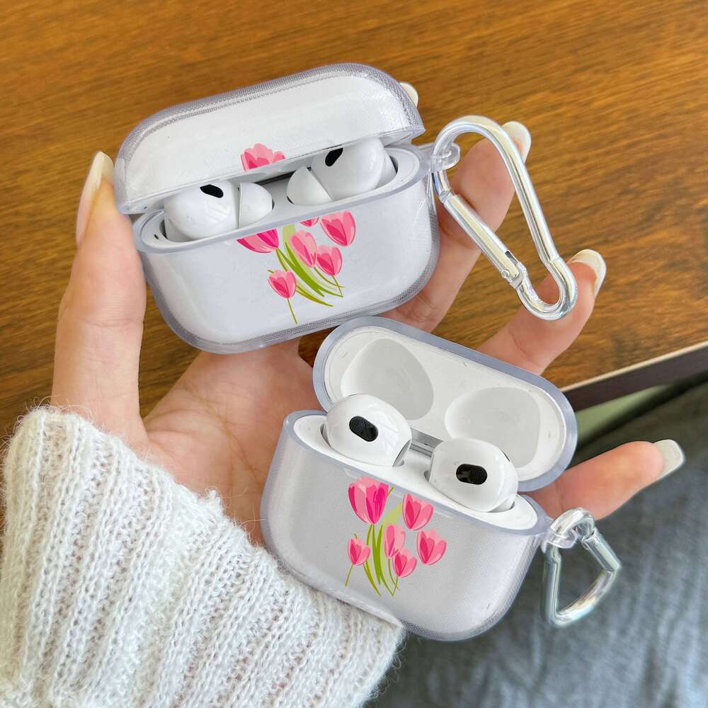 Cartoon Flower Silicone Pro/Pro2 Clear TPU Case For 3/4 Wireless Earphone With Keychain Protector Cover