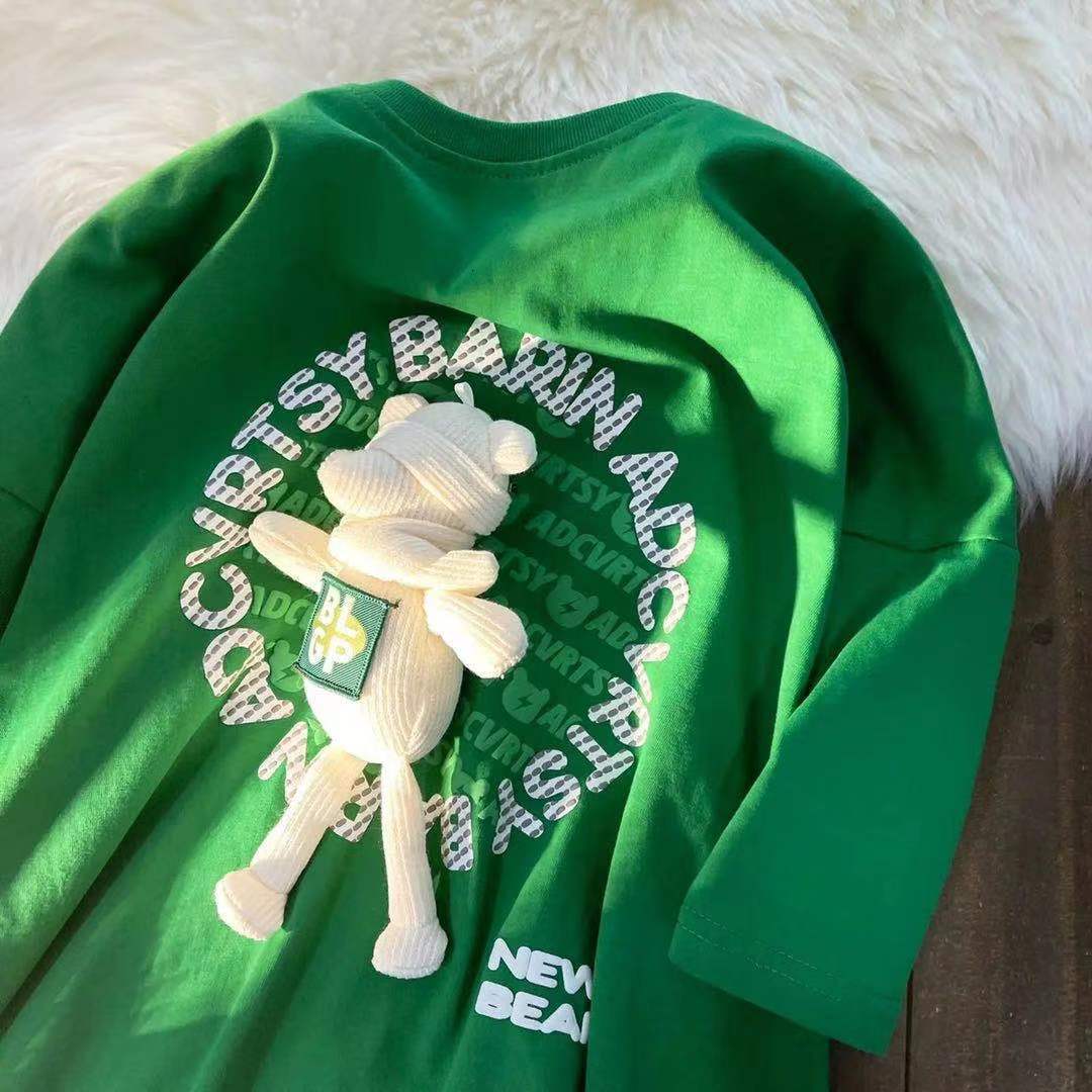 2025 summer new women's T-shirt new women's short sleeved T-shirt loose design sense niche half sleeved top fashion teddy bear pattern desig