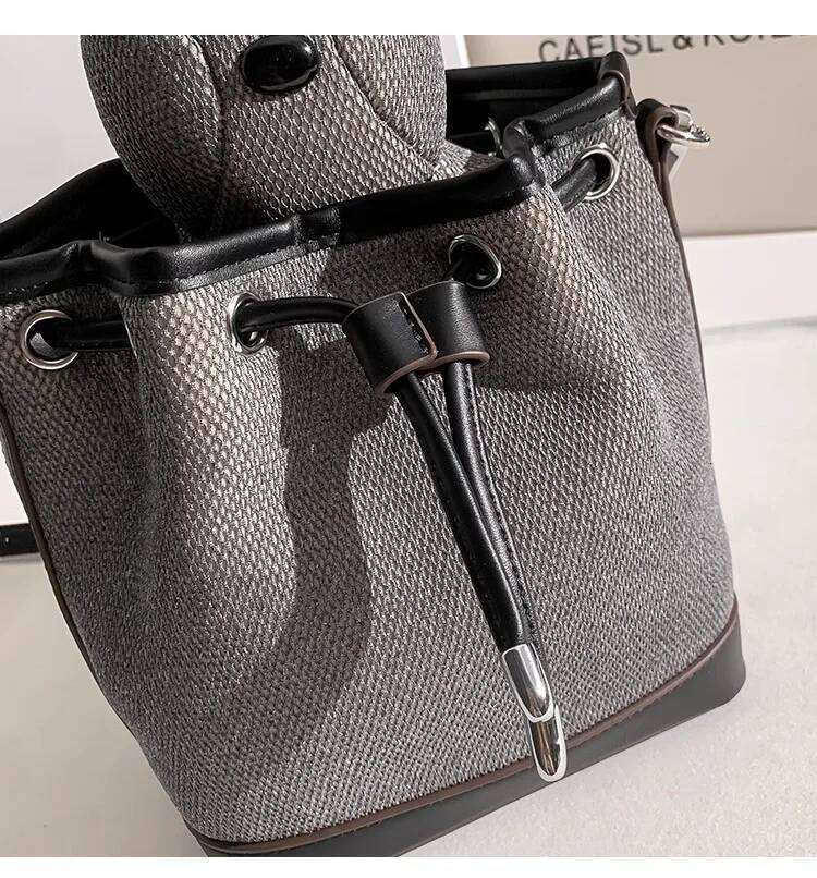 High Quality Fashion Solid Color Canvas String Bucket Cute Rabbit Doll Women Handbag Lady Purse Shoulder Messenger Bag