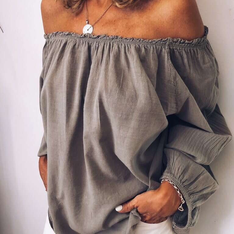 Autumn Winter Off-Shoulder Elastic Pleated Cotton Linen Solid Color Long Sleeve Women's Shirt B5