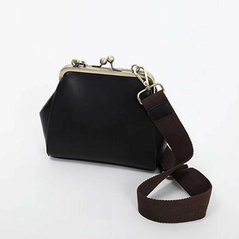 Vintage Women Handbag Kiss Lock PU Clip Female Retro Shoulder Bag Lady Purse Black Leather Messenger Bags