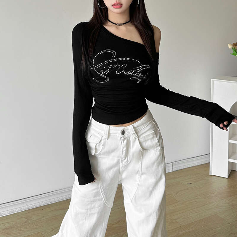 Fashion Autumn New Women's Sexy Hot Girl Off-Shoulder Rhinestone Slim Fit Irregular Top B5