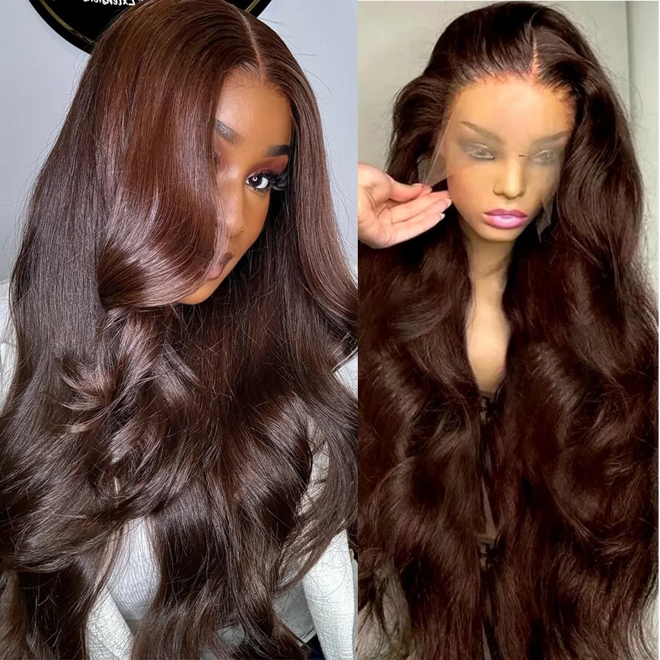 Chocolate Brown Lace Front Wig Human Hair 200 Body Wave Wigs PrePlucke 13x4 HD Lace Frontal Wig Brown Human Hair Wig Synthetic