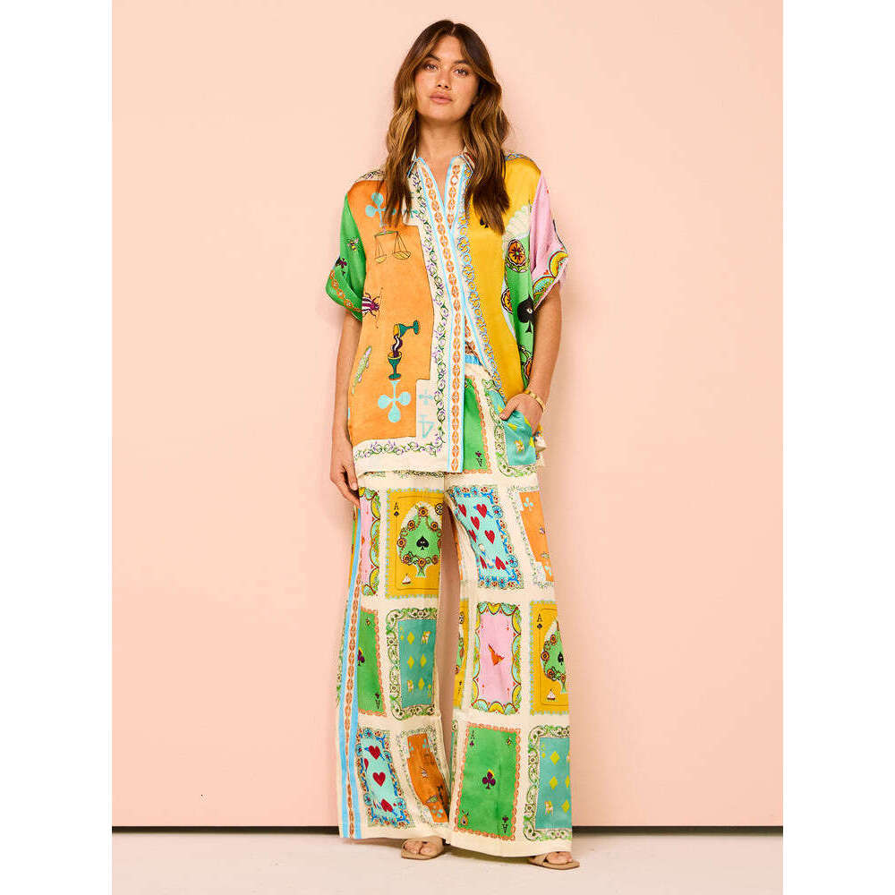 Women's Fashion New Printed Elastic Waist Pocket Wide Leg Pants Casual Set For Summer B5
