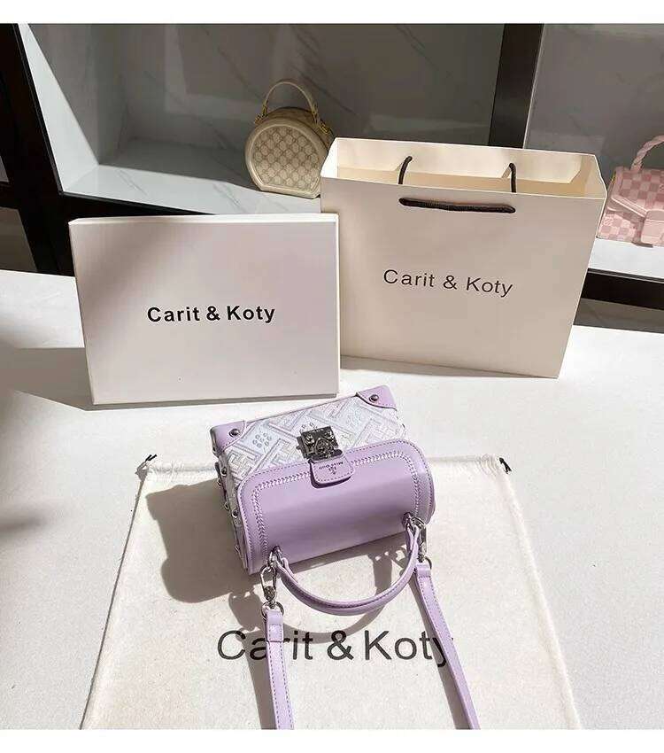 Fashion Purple Color Square Striped Women's Handbag High Quality Textured Leather Casual Lady Purse Crossbody Bag