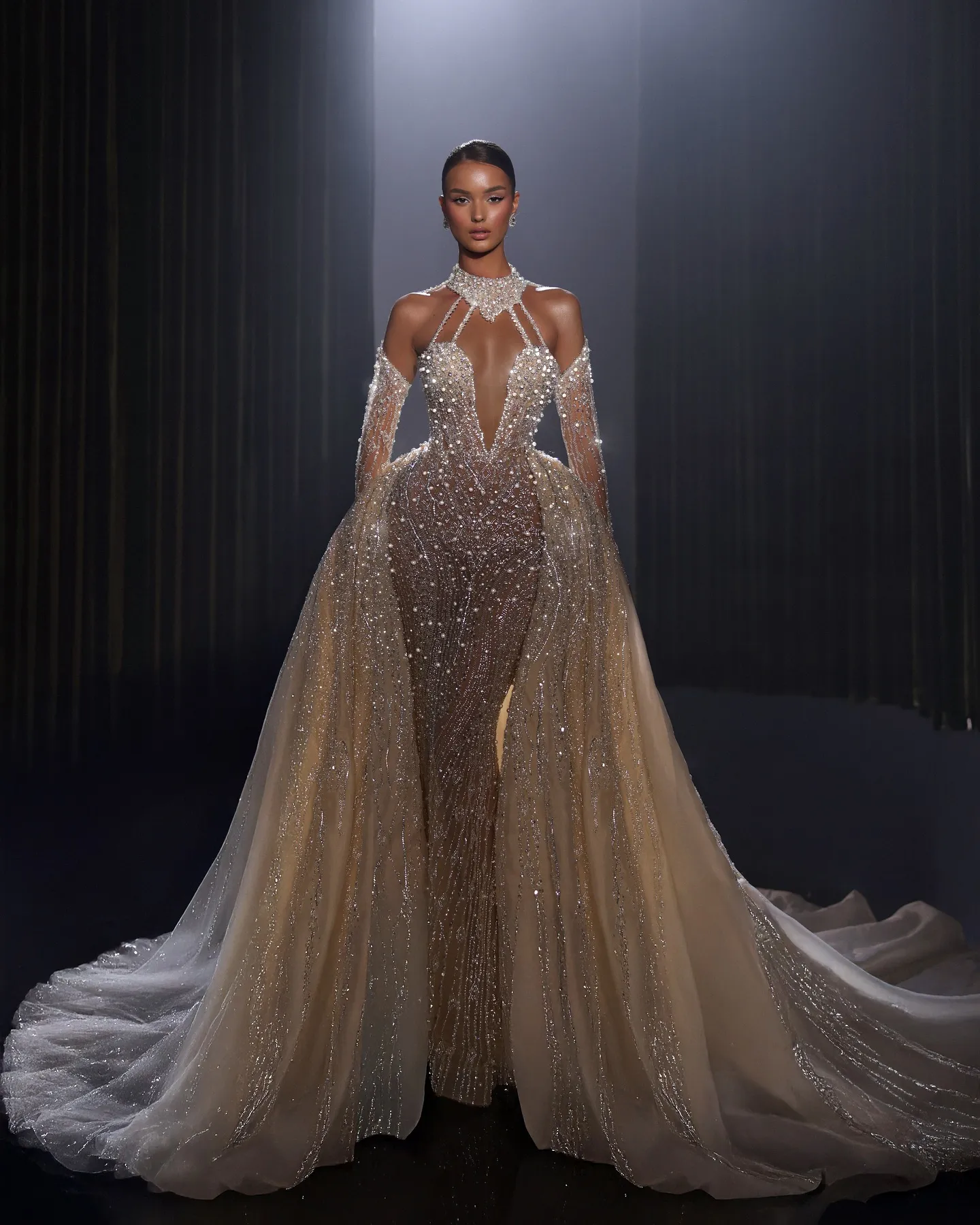 Glitter High Neck Wedding Dress Sparkly Sequined Lace Pearls Mermaid Bridal Gown Detachable Train Bride Dresses Customized