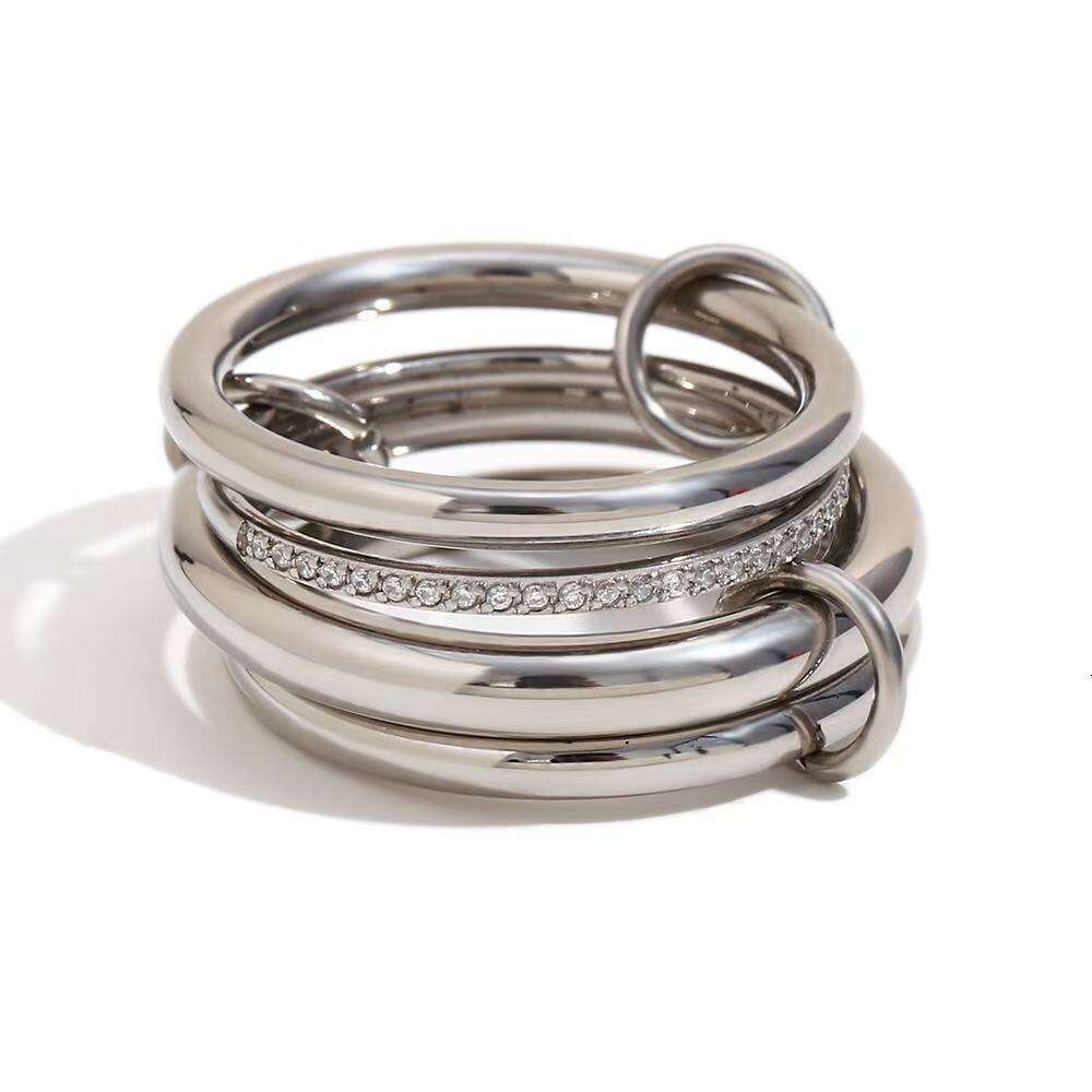 fashion ring niche stainless steel goldplated fourlayer middle diamond joint hand jewelry layered plain band