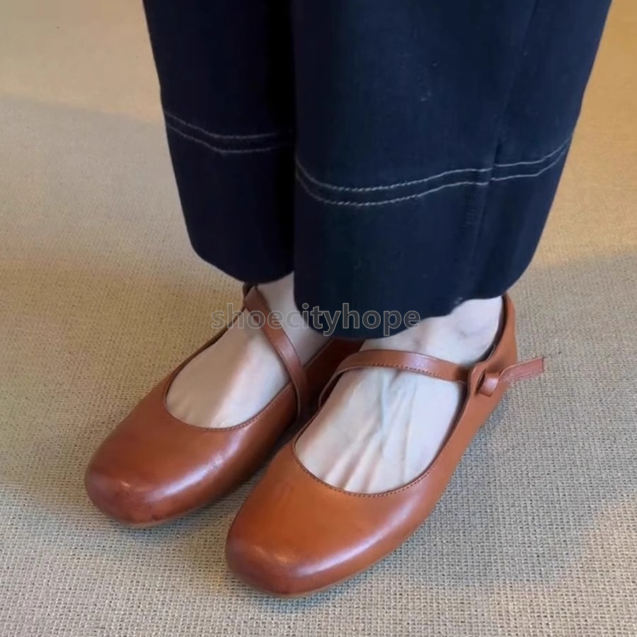Retro loafers womens ballet flats heel Mary Jane shoes brown black minimalist French round toe single strap Daily Versatile summer slip-on women shoes