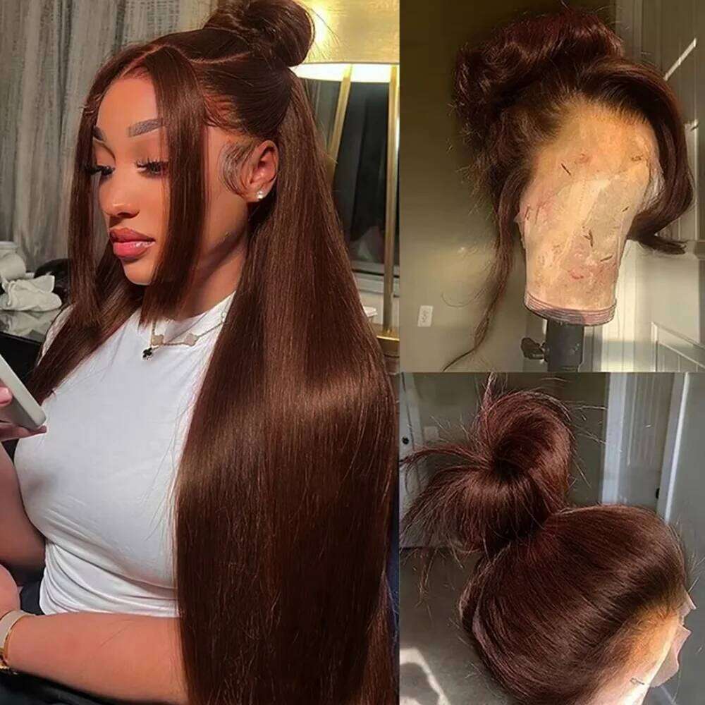 4# 13x6 Human Hair Chocolate Brown Straight HD Lace Frontal Wigs For Women