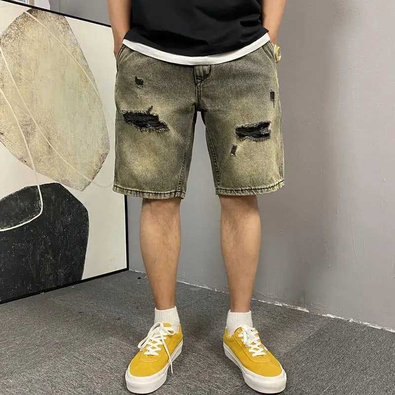 Mens New Button Zipper Pocket Straight Loose Five-point Casual Wash Retro Yellow Mud Ripped Denim Shorts T250603
