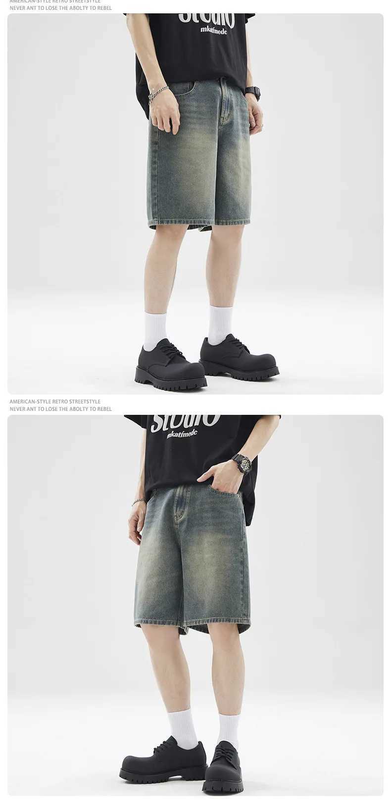 Men Denim Shorts Knee Length Shorts Zipper Fly Solid Mid Waist Pockets Loose Fit Casual Distressed Washed Summer Spliced T250603