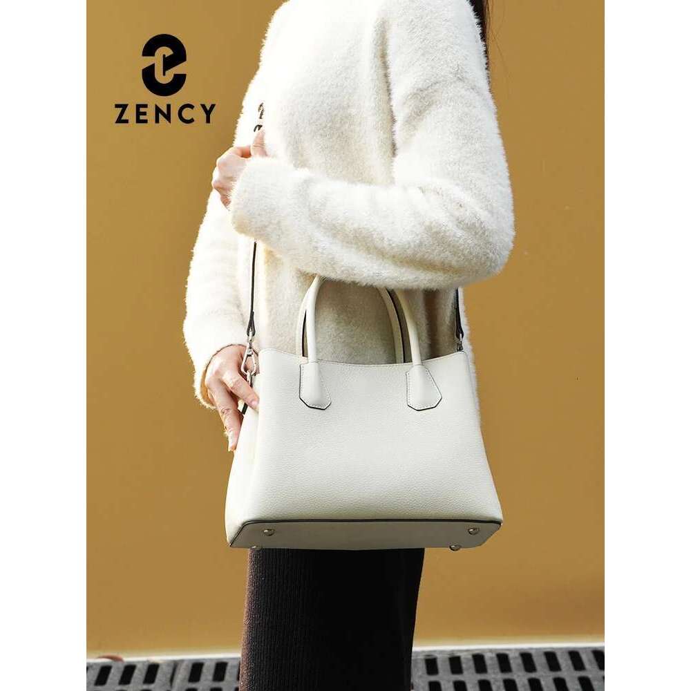 Zency Women's Genuine Leather Top-Handle Bag Noble White Crossbody with Three Compartments for Daily Work And Shopping